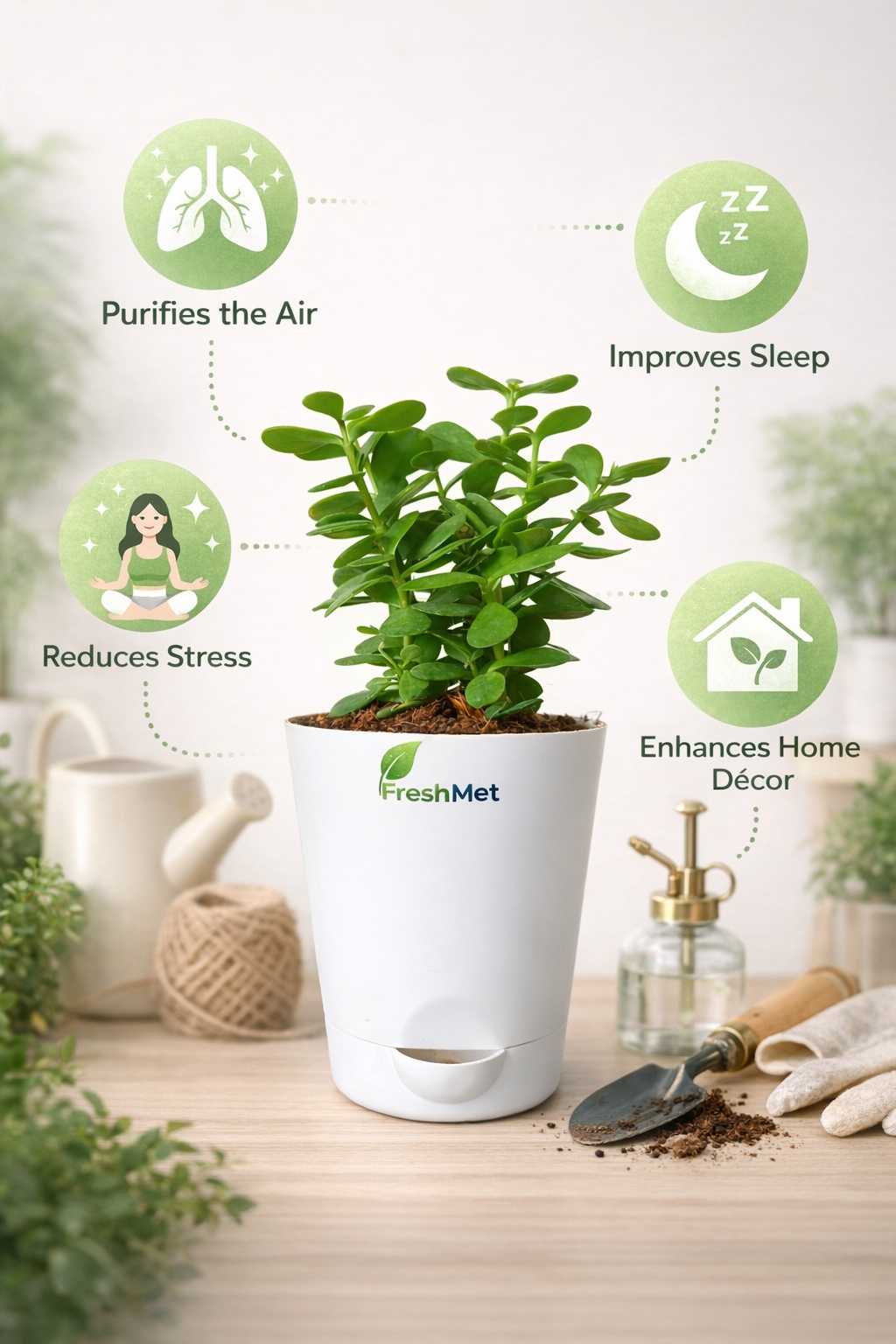 FreshMet Jade Plant/Lucky Plant Live Indoor Plant | Self Watering Pot | Easy Care Home & Office Decor Plant